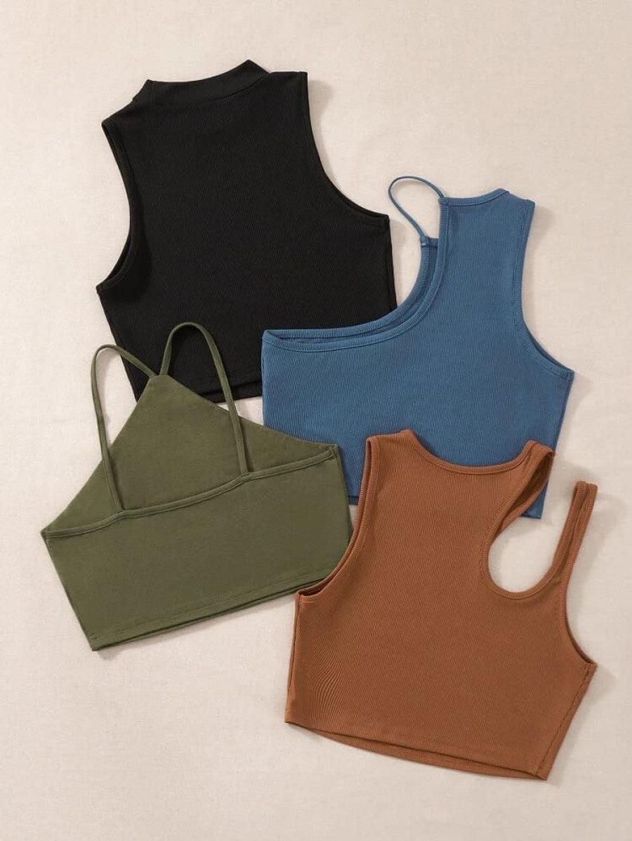 4pcs Cut Out Asymmetrical Neck Ribbed Knit Tank Top