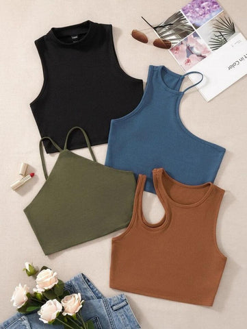 4pcs Cut Out Asymmetrical Neck Ribbed Knit Tank Top