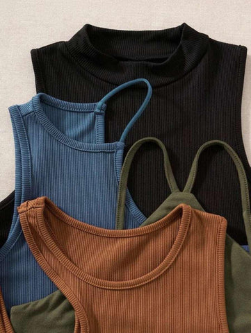 4pcs Cut Out Asymmetrical Neck Ribbed Knit Tank Top