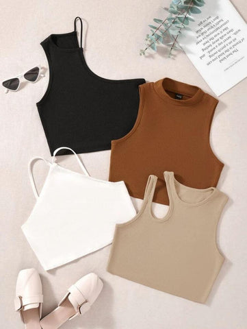 4pcs Cut Out Asymmetrical Neck Ribbed Knit Tank Top