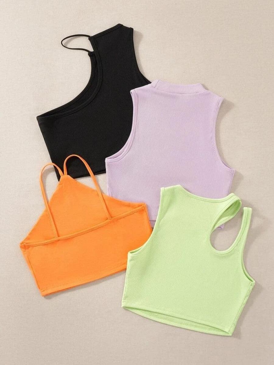 4pcs Cut Out Asymmetrical Neck Ribbed Knit Tank Top