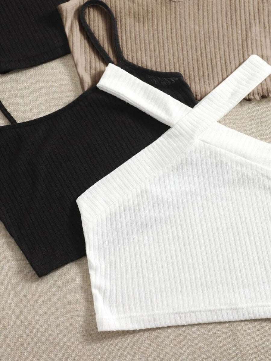 4pcs Solid Ribbed Knit Crop Top