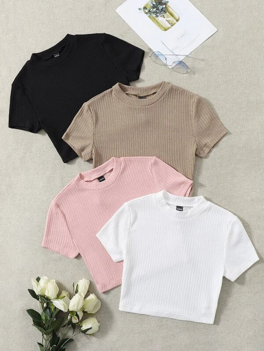 4pcs Solid Ribbed Knit Tee