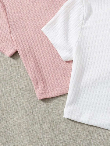 4pcs Solid Ribbed Knit Tee