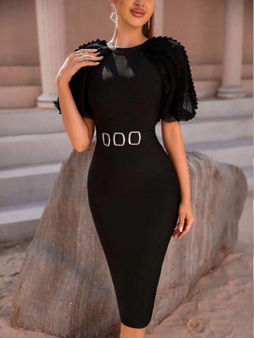 ADYCE Contrast Mesh Puff Sleeve Split Back Belted Bodycon Dress