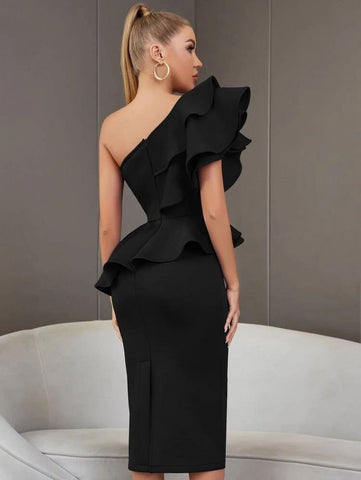 ADYCE One Shoulder Exaggerated Ruffle Split Back Bandage Bodycon Cocktail Dress