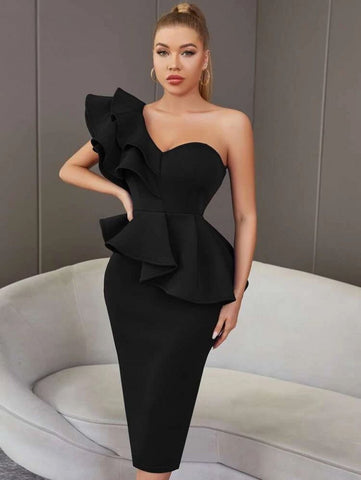 ADYCE One Shoulder Exaggerated Ruffle Split Back Bandage Bodycon Cocktail Dress