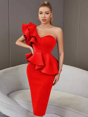 ADYCE One Shoulder Exaggerated Ruffle Split Back Bandage Bodycon Cocktail Dress