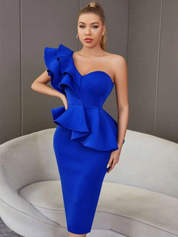 ADYCE One Shoulder Exaggerated Ruffle Split Back Bandage Bodycon Cocktail Dress