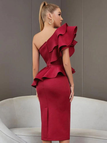 ADYCE One Shoulder Exaggerated Ruffle Split Back Bandage Bodycon Cocktail Dress