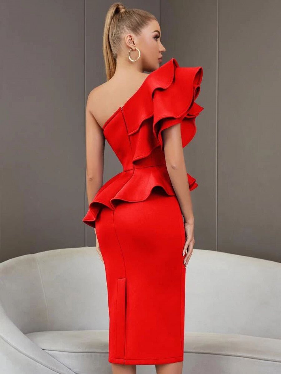 ADYCE One Shoulder Exaggerated Ruffle Split Back Bandage Bodycon Cocktail Dress