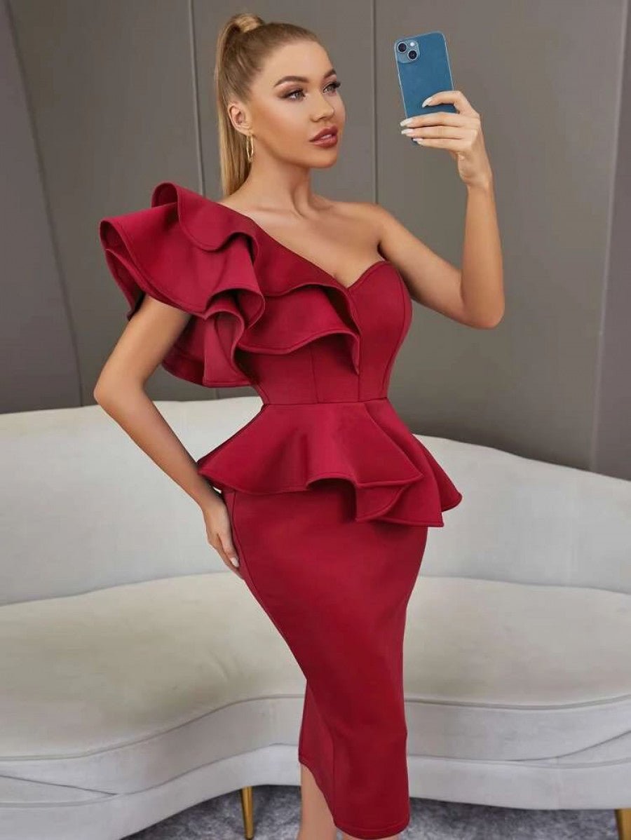 ADYCE One Shoulder Exaggerated Ruffle Split Back Bandage Bodycon Cocktail Dress