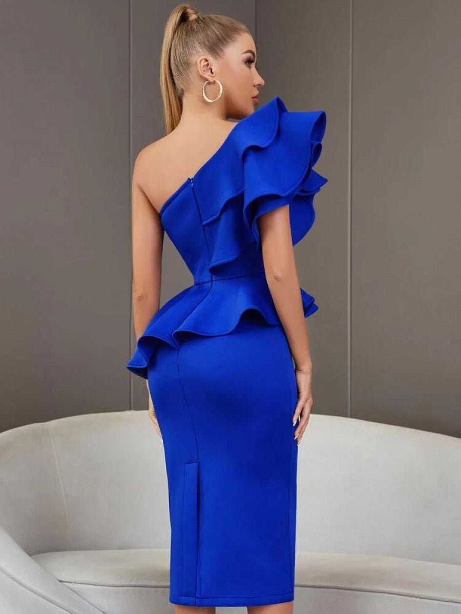 ADYCE One Shoulder Exaggerated Ruffle Split Back Bandage Bodycon Cocktail Dress