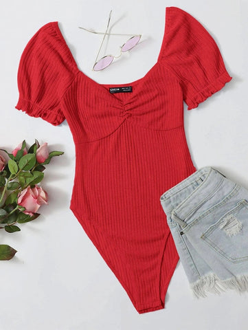 EZwear Frilled Puff Sleeve Ruched Bust Rib-knit Bodysuit