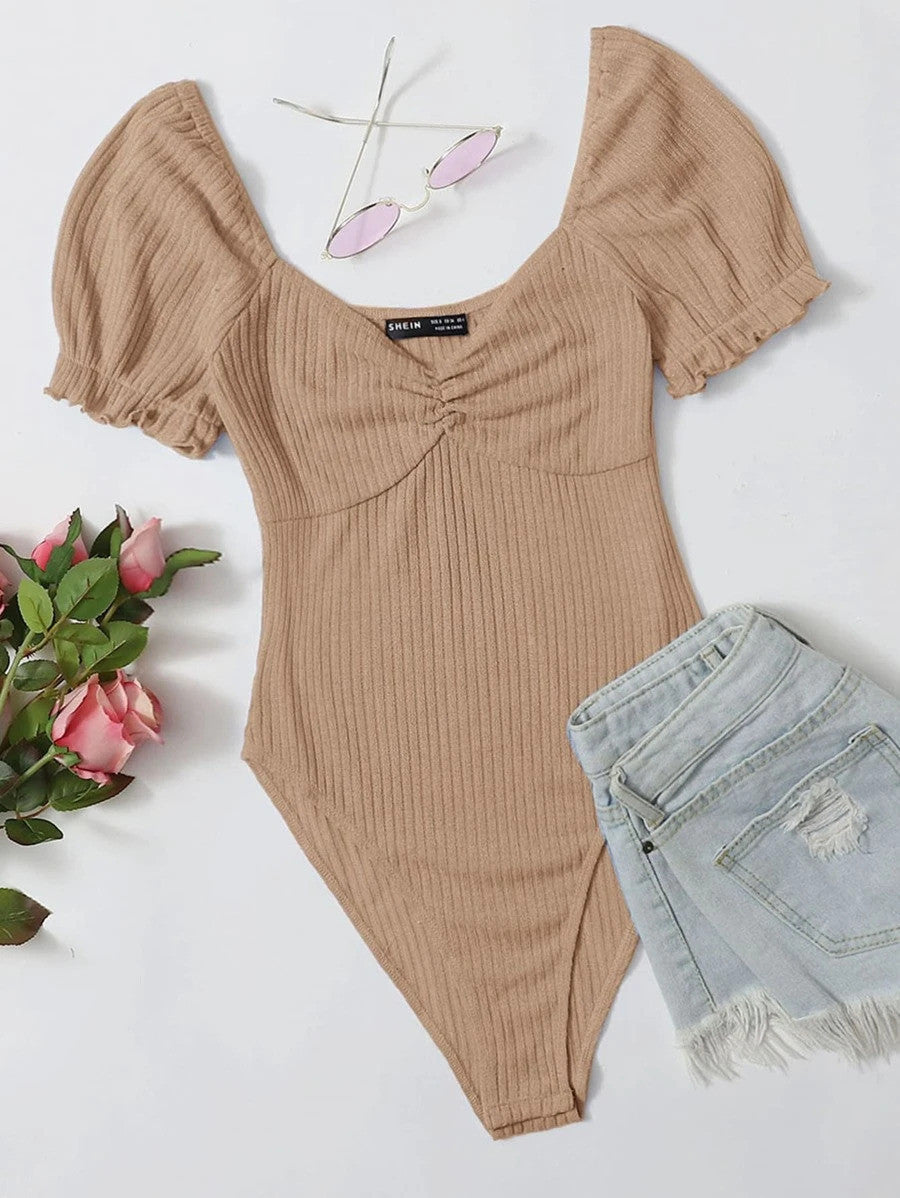 EZwear Frilled Puff Sleeve Ruched Bust Rib-knit Bodysuit