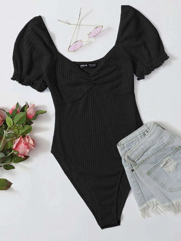 EZwear Frilled Puff Sleeve Ruched Bust Rib-knit Bodysuit