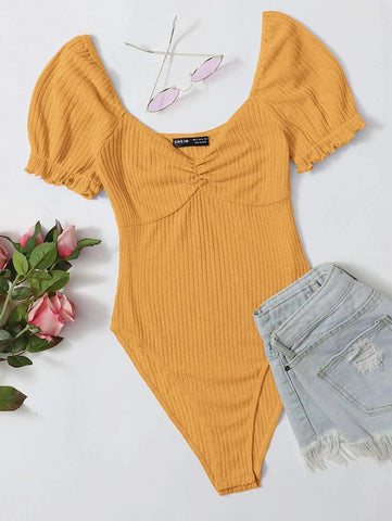 EZwear Frilled Puff Sleeve Ruched Bust Rib-knit Bodysuit