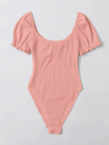 EZwear Frilled Puff Sleeve Ruched Bust Rib-knit Bodysuit