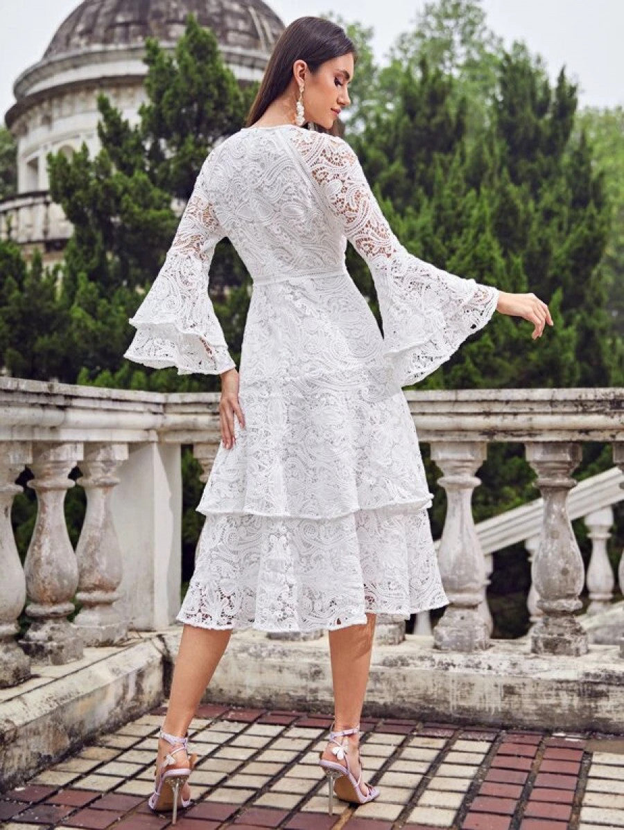 Bell Sleeve Layered Ruffle Hem Guipure Lace Dress