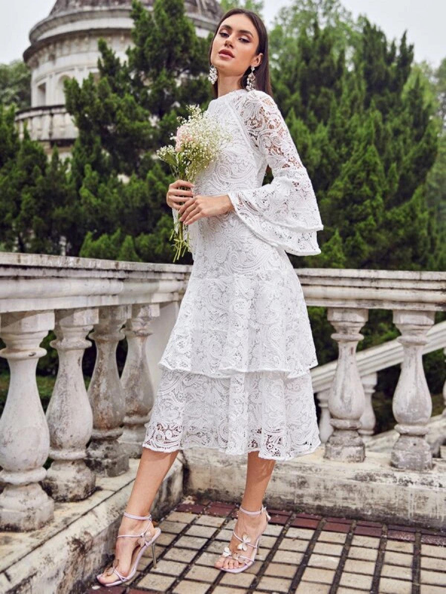 Bell Sleeve Layered Ruffle Hem Guipure Lace Dress