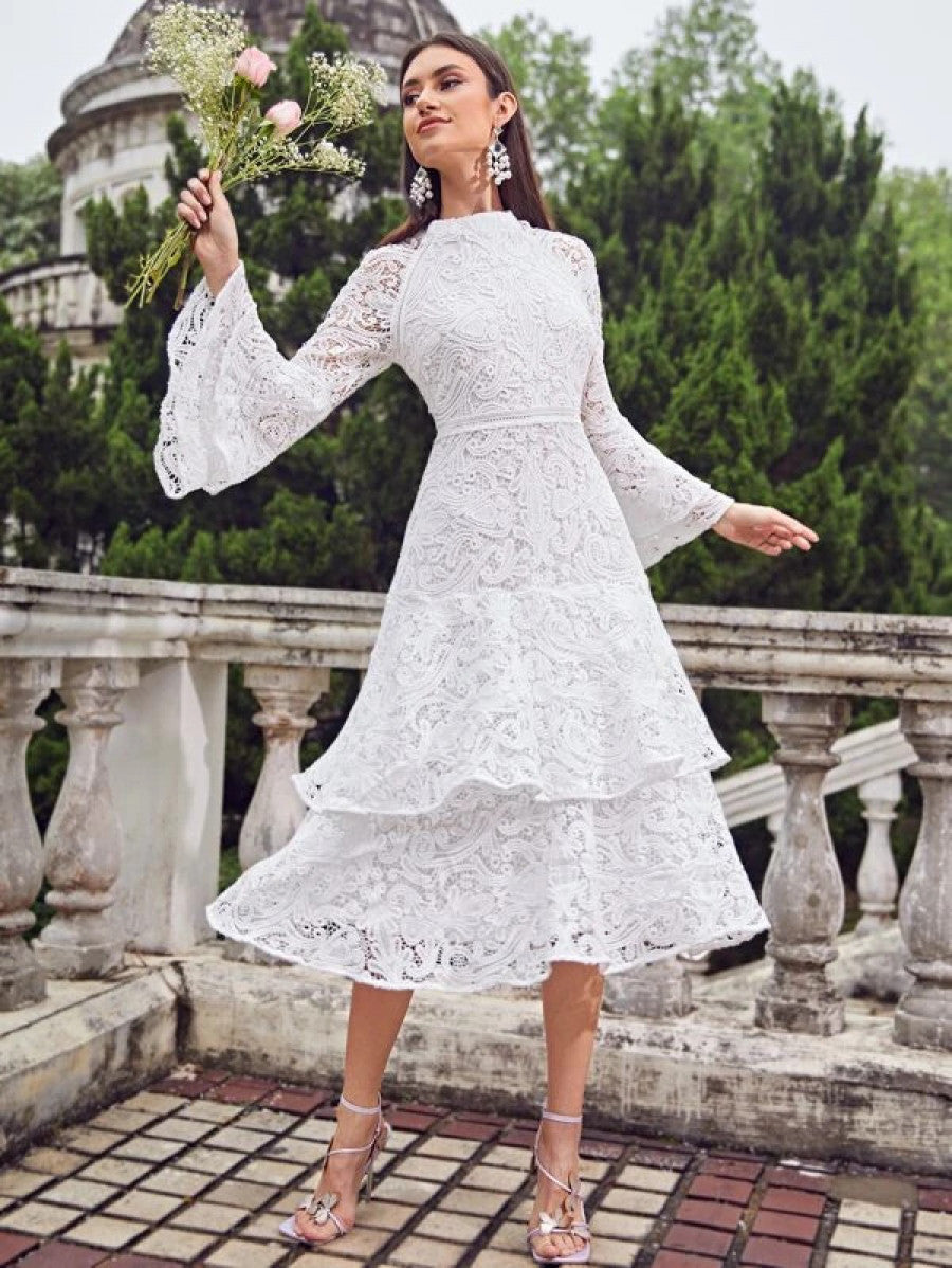 Bell Sleeve Layered Ruffle Hem Guipure Lace Dress