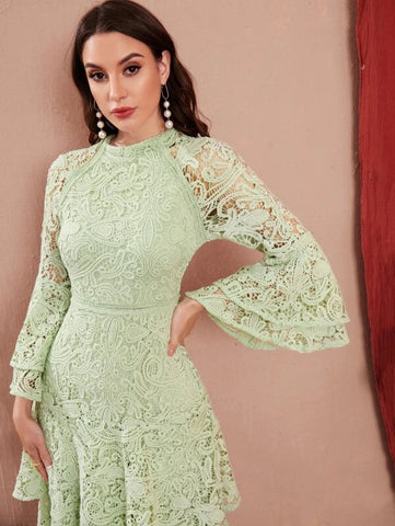 Bell Sleeve Layered Ruffle Hem Guipure Lace Dress