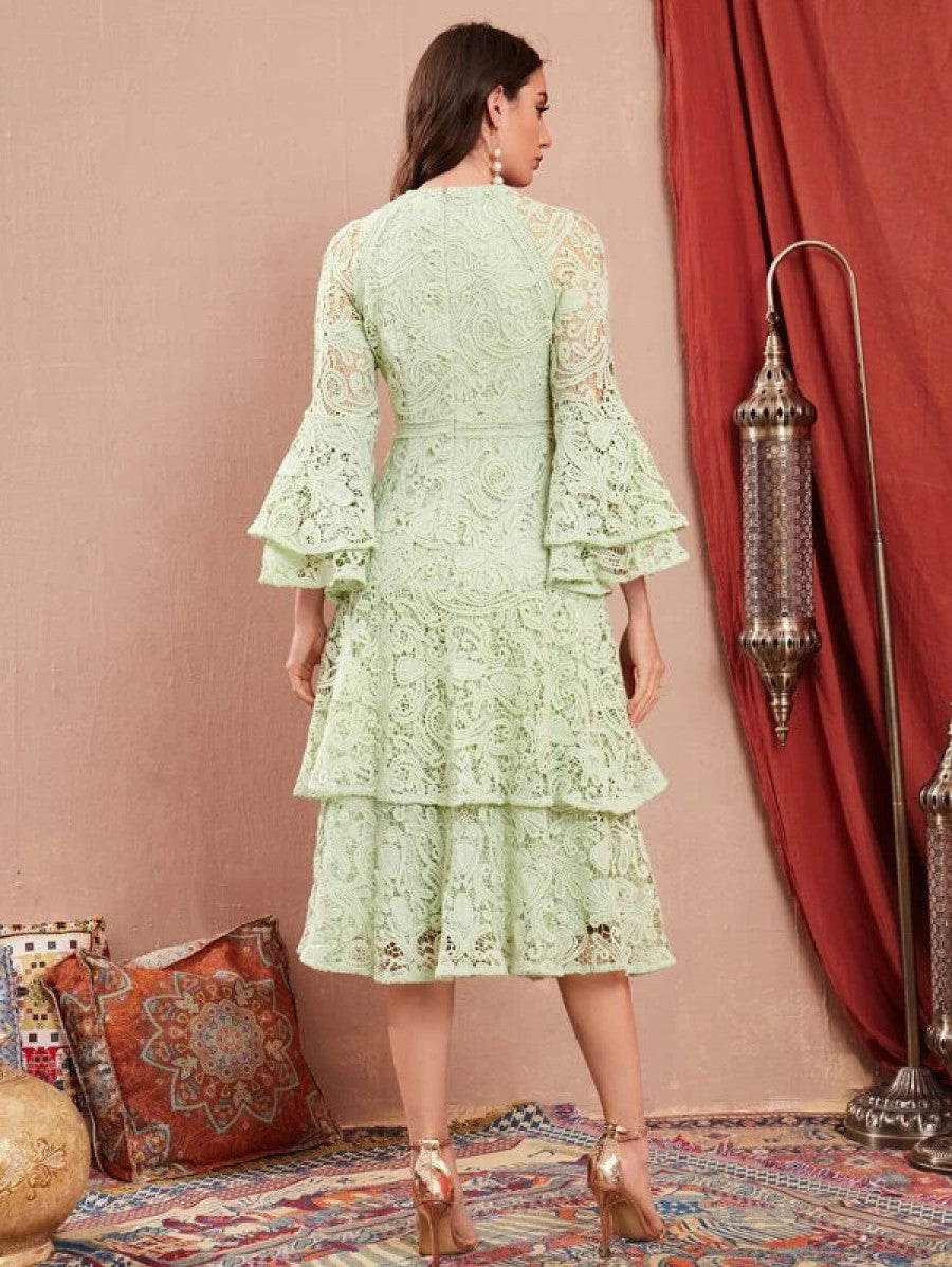 Bell Sleeve Layered Ruffle Hem Guipure Lace Dress