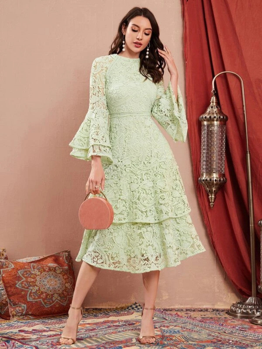 Bell Sleeve Layered Ruffle Hem Guipure Lace Dress