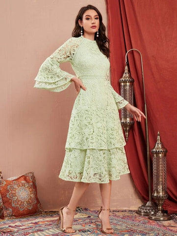 Bell Sleeve Layered Ruffle Hem Guipure Lace Dress