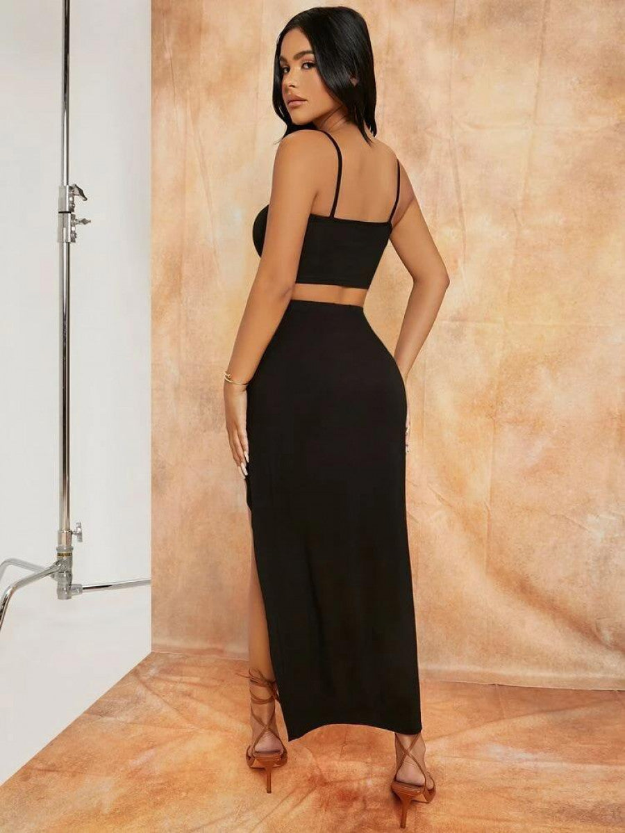 SXY Solid Crop Cami Top & Split Thigh Skirt Set
