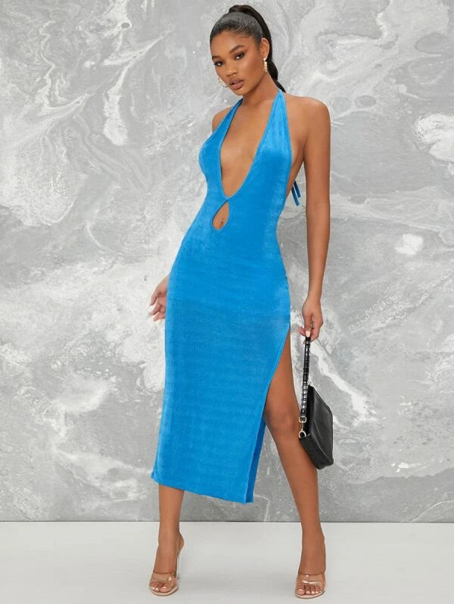 Plunging Halter Cutout Slit Midi Bodycon Dress