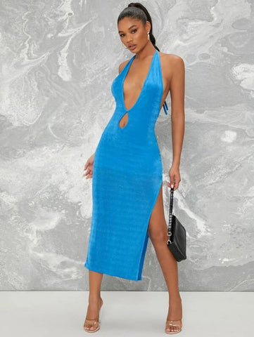 Plunging Halter Cutout Slit Midi Bodycon Dress