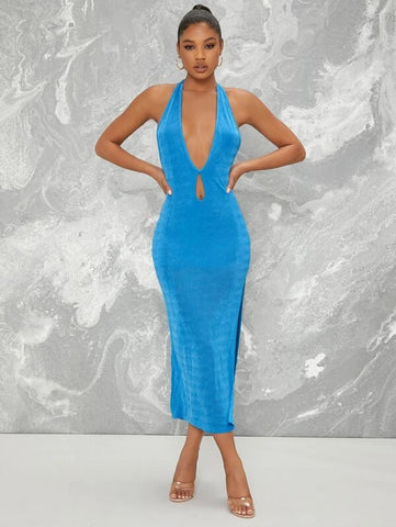 Plunging Halter Cutout Slit Midi Bodycon Dress