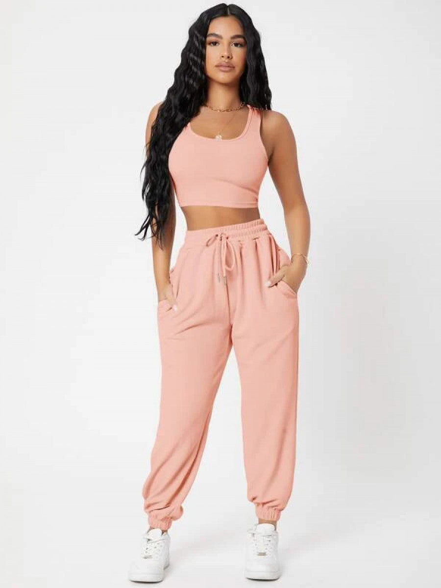 PETITE Solid Crop Tank Top And Joggers Set