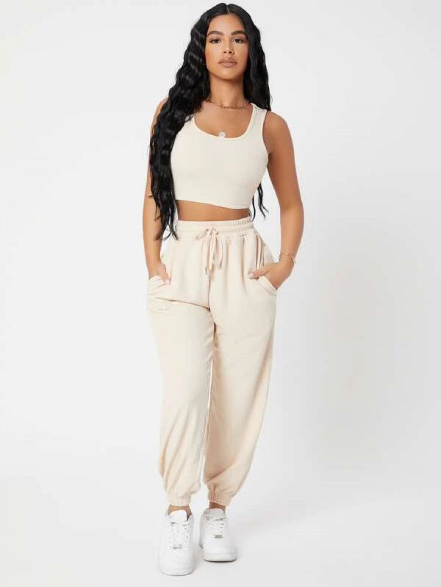 PETITE Solid Crop Tank Top And Joggers Set