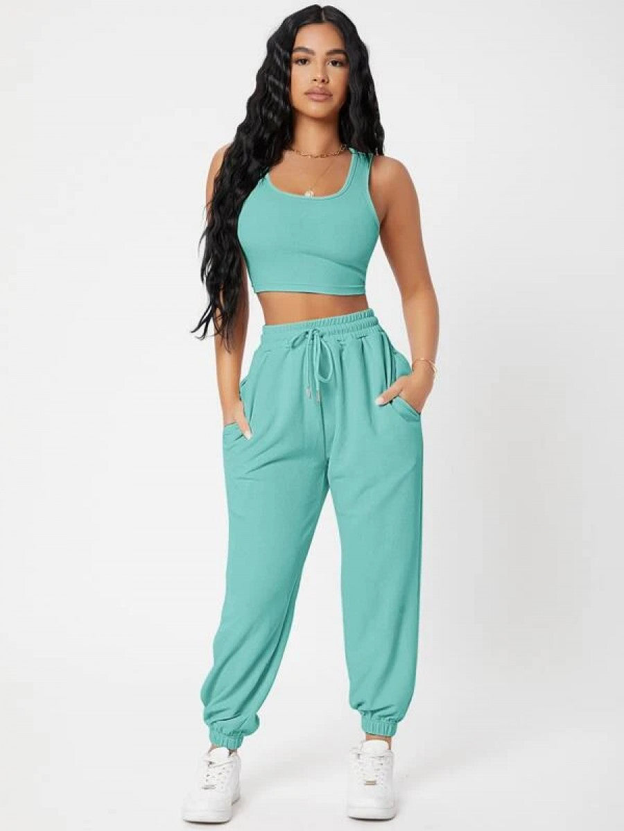 PETITE Solid Crop Tank Top And Joggers Set