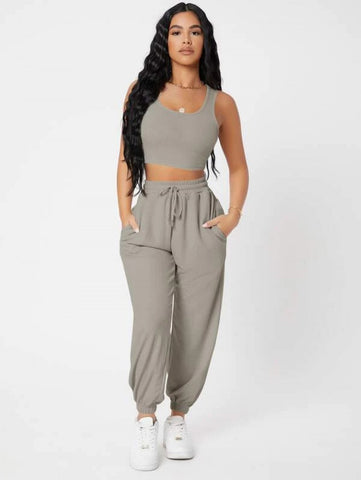 PETITE Solid Crop Tank Top And Joggers Set