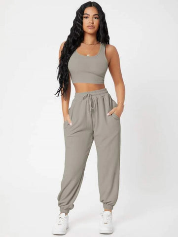 PETITE Solid Crop Tank Top And Joggers Set