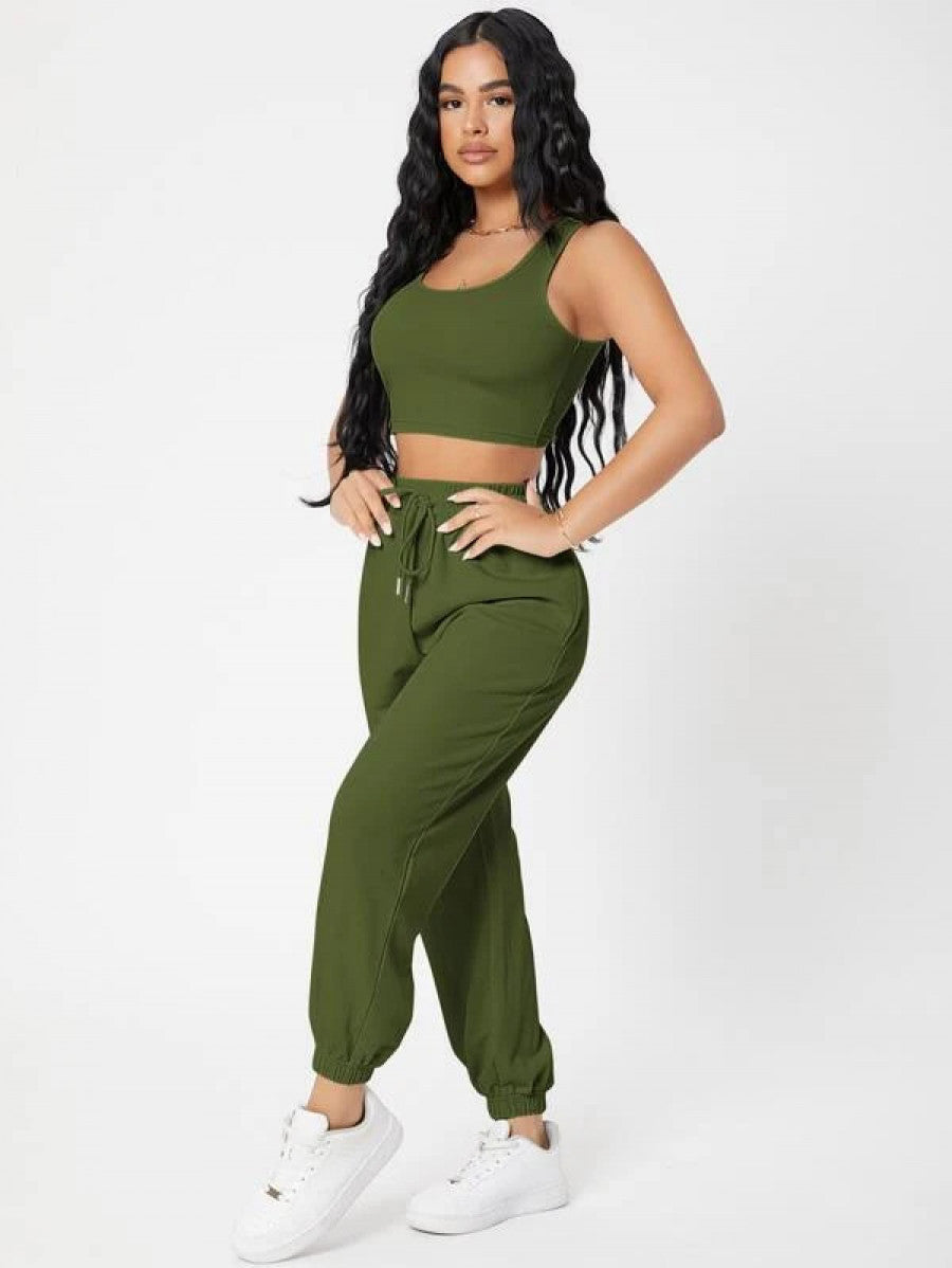 PETITE Solid Crop Tank Top And Joggers Set