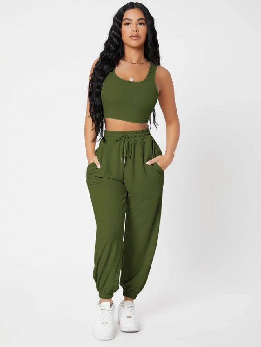 PETITE Solid Crop Tank Top And Joggers Set