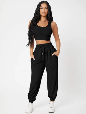 PETITE Solid Crop Tank Top And Joggers Set