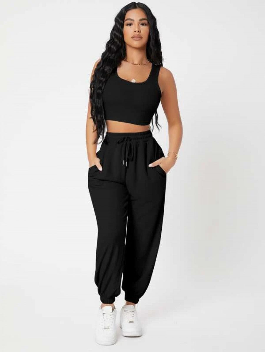 PETITE Solid Crop Tank Top And Joggers Set