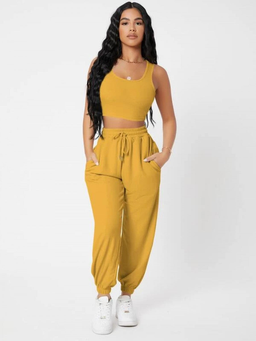 PETITE Solid Crop Tank Top And Joggers Set