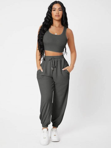 PETITE Solid Crop Tank Top And Joggers Set