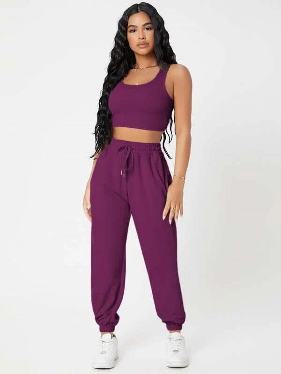 PETITE Solid Crop Tank Top And Joggers Set