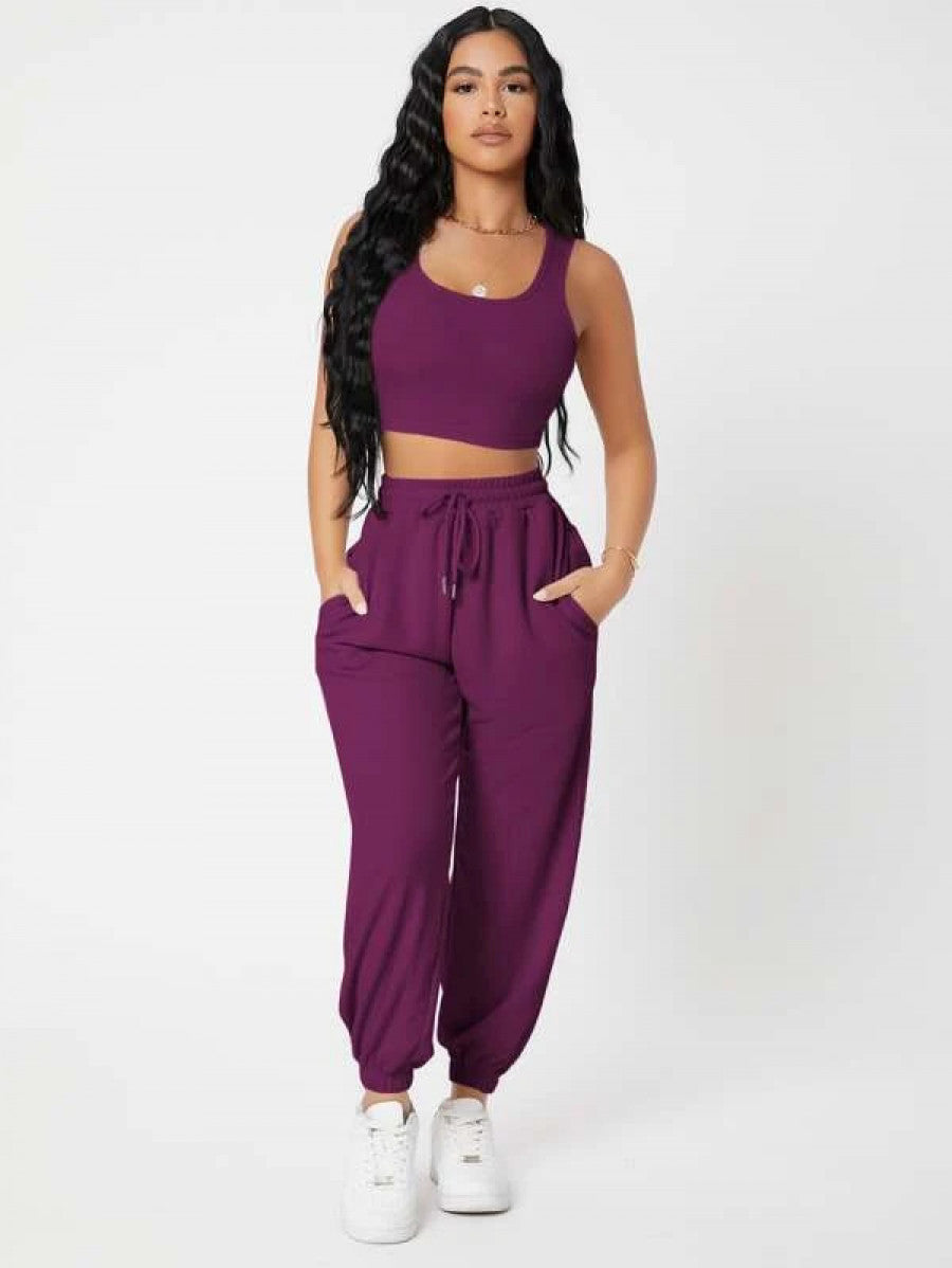 PETITE Solid Crop Tank Top And Joggers Set