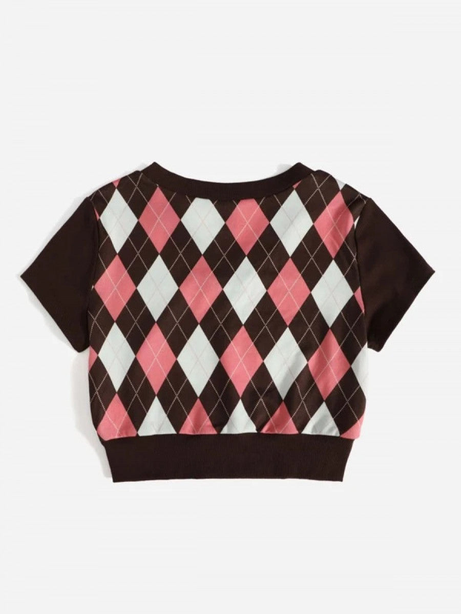 V Neck Argyle Print Tee