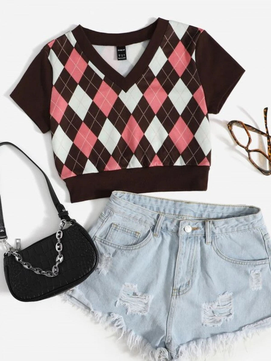 V Neck Argyle Print Tee