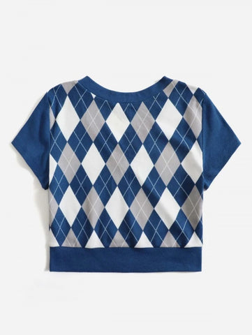 V Neck Argyle Print Tee