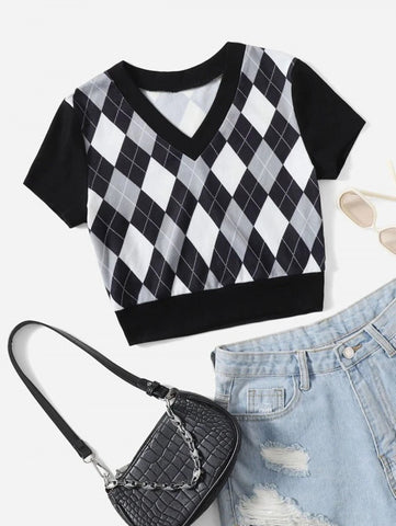 V Neck Argyle Print Tee